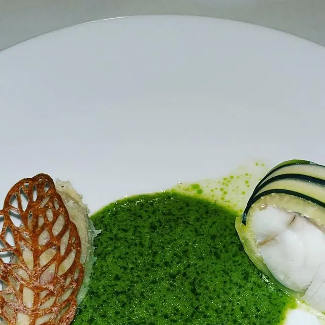 Zucchini-wrapped local fish on green herb velouté